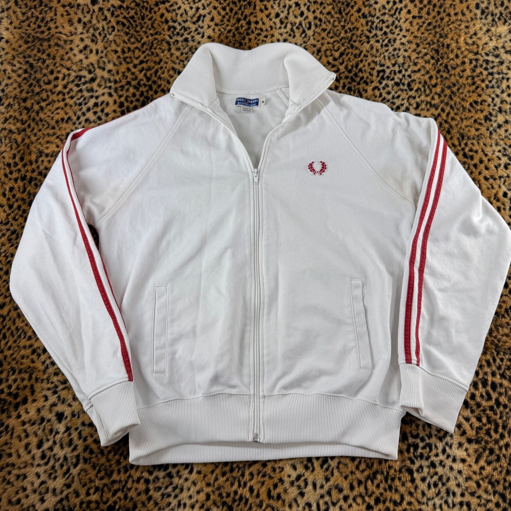 Vintage 70s Fred Perry Sportswear Track Jacket White Red Stripe Mens Medium